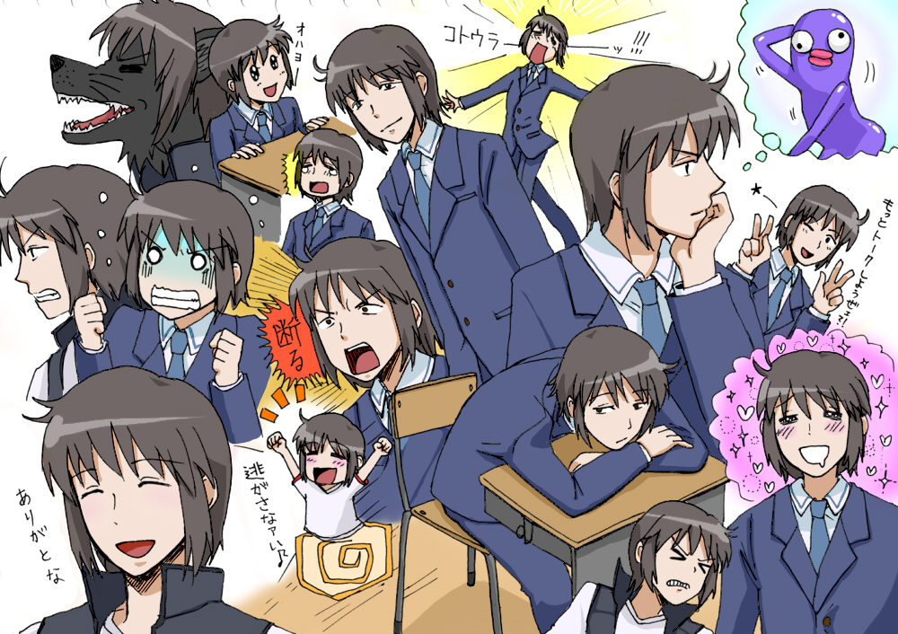 >_<, 1boy, :d, ;d, =_=, \o/, ^_^, arms_up, black_hair, blazer, chair, chin_rest, clenched_teeth, closed_eyes, desk, double_v, gym_uniform, happy, imagining, kotoura-san, male, manabe_yoshihisa, necktie, open_mouth, outstretched_arms, school_uniform, sitting, smile, solo, tomatomatotto, translation_request, turn_pale, v, wink, wolf