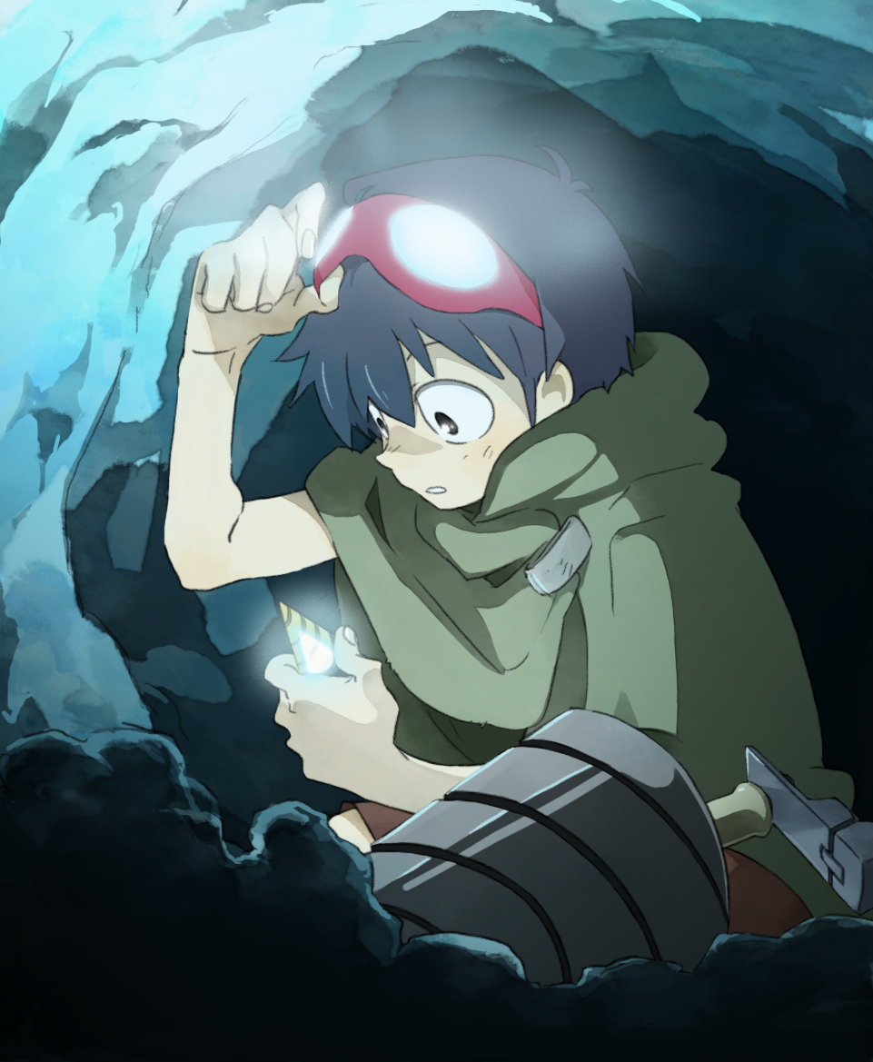 1boy, adafada, cloak, drill, glowing, goggles, goggles_on_head, simon