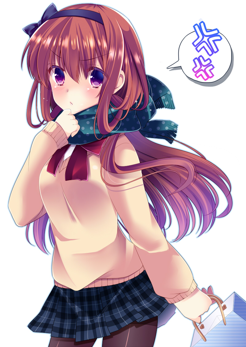 1girl, :/, agekichi_(heart_shape), anger_vein, bag, black_legwear, brown_hair, copyright_request