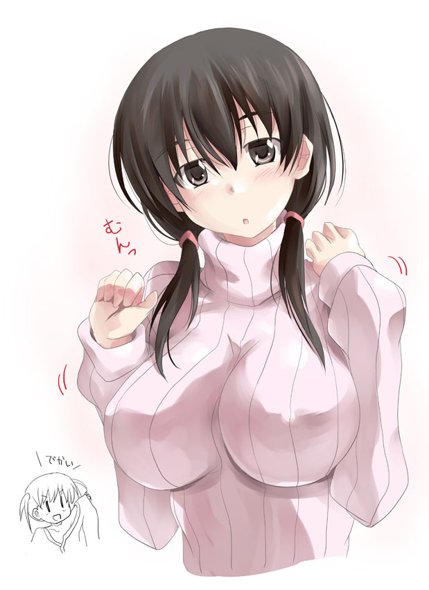 2girls, blush, breasts, huge_breasts, impossible_shirt, jindai_komaki, mister_(black_and_white), multiple_girls