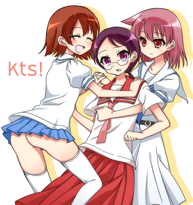3girls, arakawa_kei, blush, brown_hair, glasses, hand_holding, holding_hands, hug