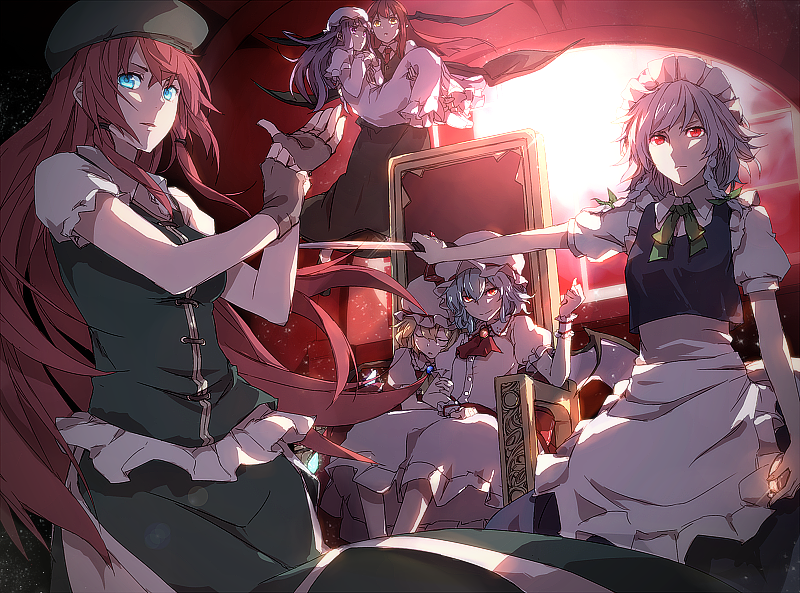 6+girls, ascot, bat_wings, blonde_hair, blue_eyes, blue_hair, braid, clock