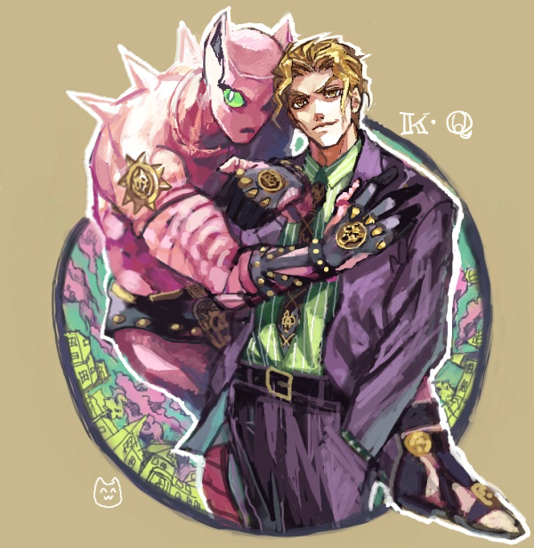 2boys, animal_ears, blonde_hair, cat_ears, formal, green_eyes, jojo_no_kimyou_na_bouken, killer_queen