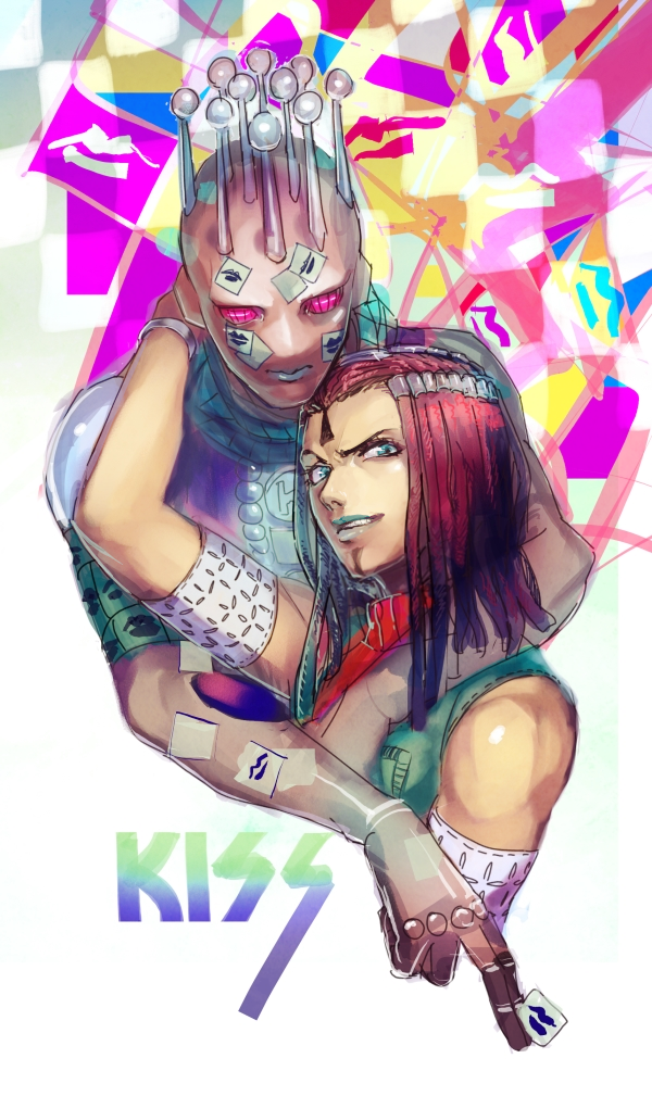 2girls, bare_shoulders, black_hair, blue_eyes, hairlocs, hermes_costello, jojo_no_kimyou_na_bouken, kiss_(stand)