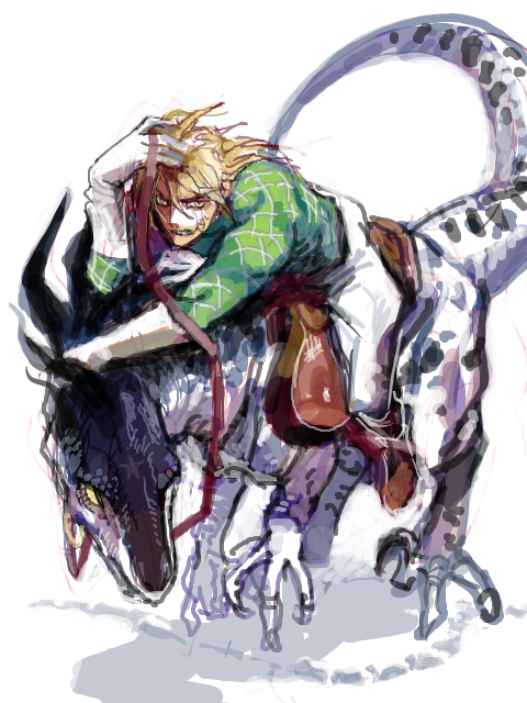 1boy, bandage, bandages, blonde_hair, diego_brando, dinosaur, gloves, jojo_no_kimyou_na_bouken, scary_monster_(stand), snooot1, stand_(jojo), tegaki