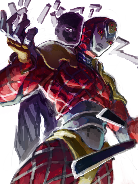 2boys, jojo_no_kimyou_na_bouken, king_crimson_(stand), multiple_boys, no_humans, silhouette, snooot1, stand_(jojo), tegaki