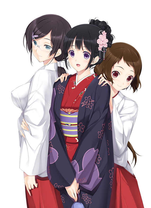 3girls, :d, alternate_costume, alternate_hairstyle, black_hair, blush, breasts, brown_hair