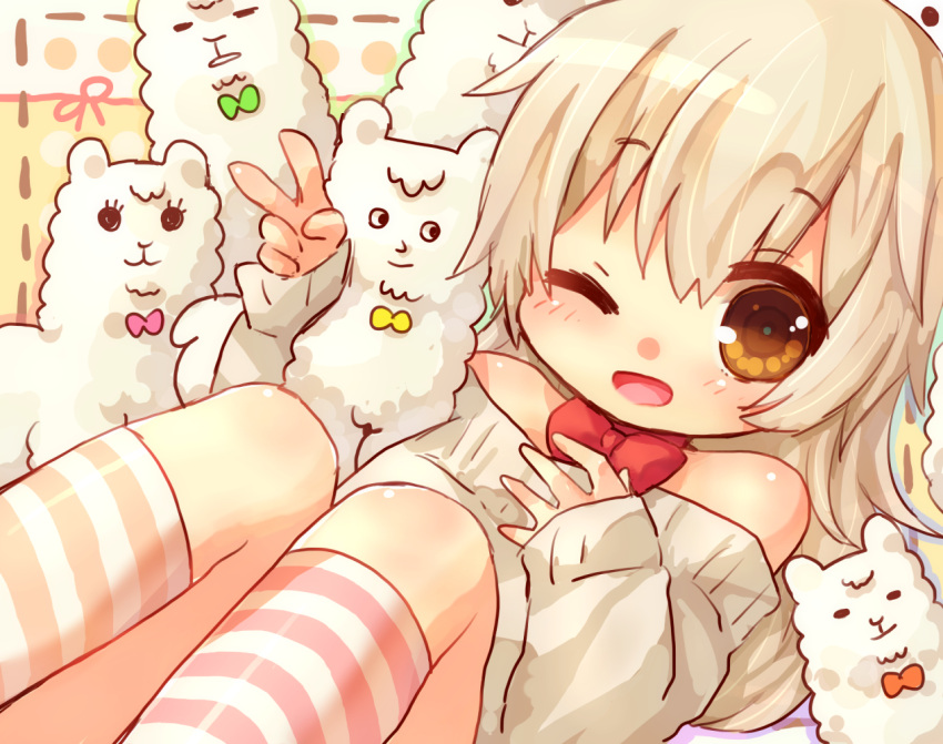1girl, alpaca, bow, brown_eyes, brown_hair, looking_at_viewer, original, sad_fuka