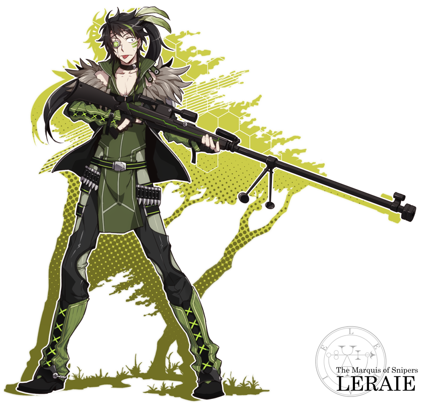 1boy, ars_goetia, black_hair, bullet, character_name, gun, kyousaku, leraije_(mygrimoire), male, mygrimoire, original, rifle, solo, weapon
