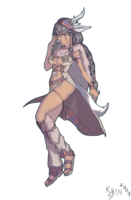 bracelet, braid, breasts, brown_eyes, cleavage, dark_skin, feathers, headdress, jewelry, khanshin, long_hair, native_american, native_american_headdress, navel, necklace, original, signature, simple_background, single_braid, solo, tribal, white_background