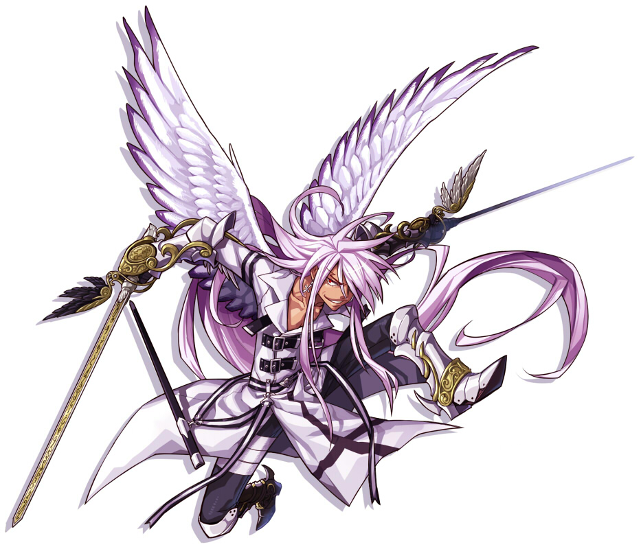 1boy, boots, buckle, gauntlets, gloves, greaves, hair_over_one_eye, halphas_(mygrimoire), kyousaku, lavender_hair, long_hair, male, mygrimoire, original, pants, red_eyes, smile, solo, sword, weapon, white_background, wings