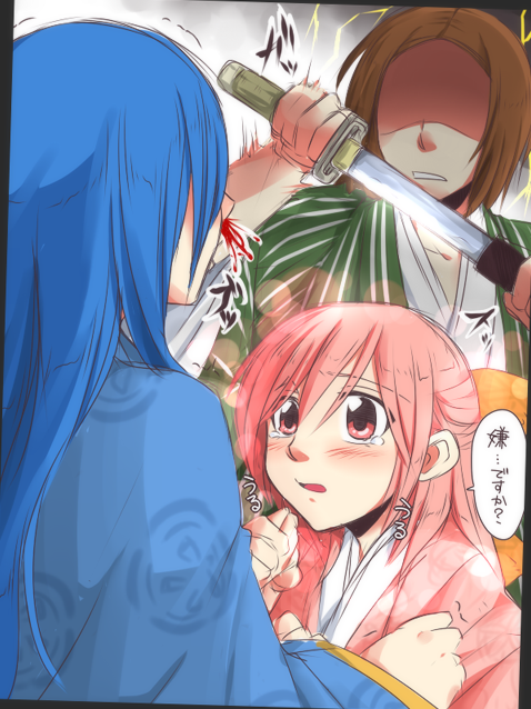 1girl, 2boys, benkan_(kimi_no_tamenara_shineru), blood, blue_hair, blush, brown_hair, character_request