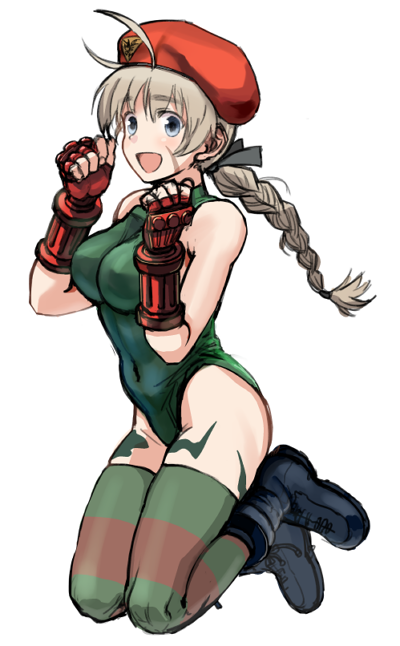 :d, beret, blue_eyes, braid, breasts, brown_hair, cammy_white, cammy_white_(cosplay)