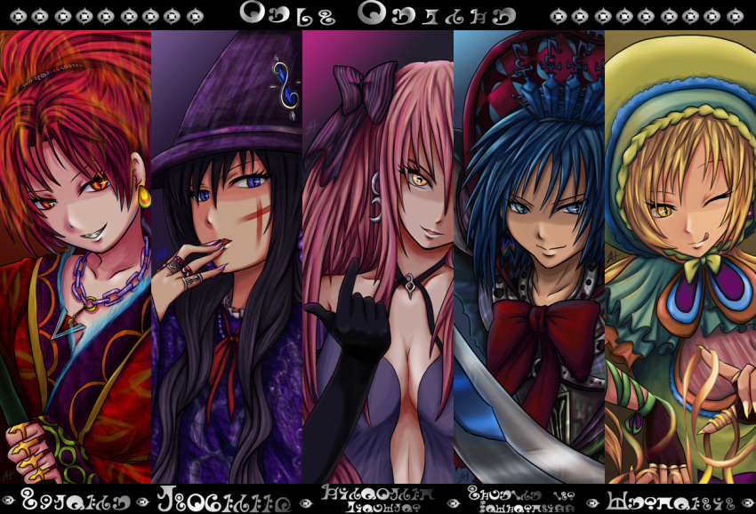 5girls, ;q, akemi_homura, alternate_hair_length, alternate_hairstyle, armor, athyra, black_gloves