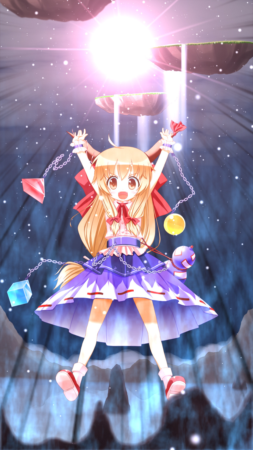 1girl, \o/, arms_up, ball, belt, brown_eyes, brown_hair, chain