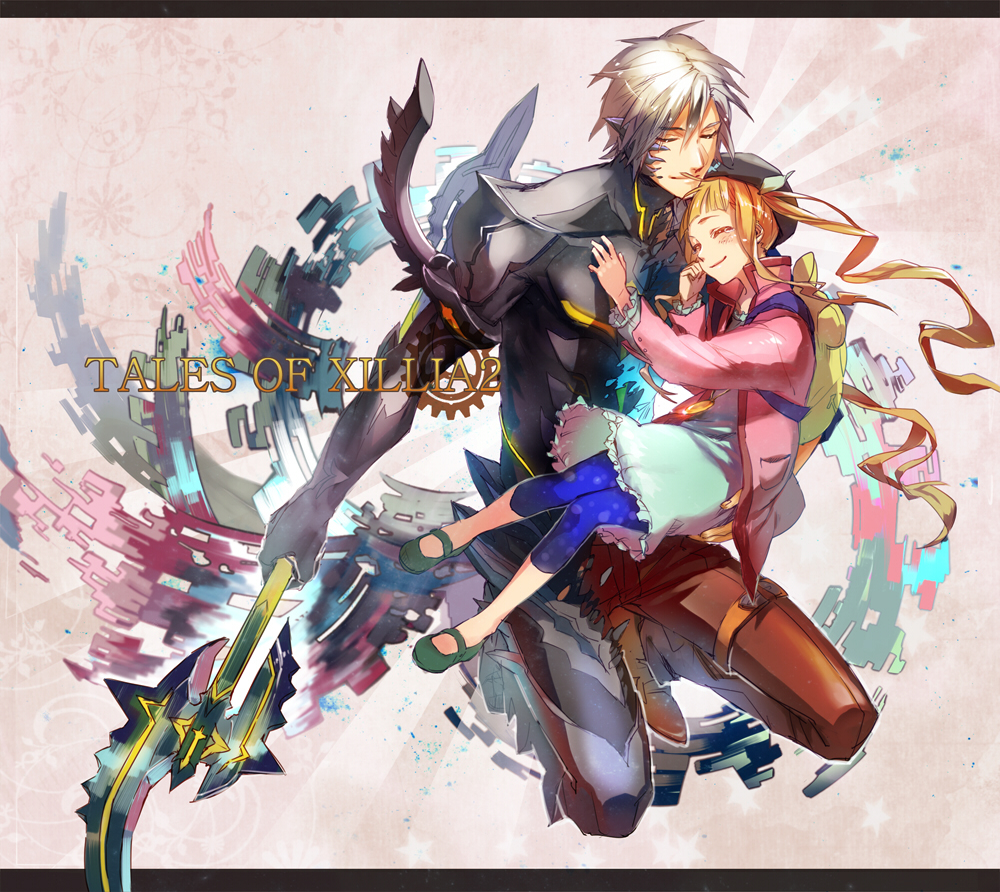 1boy, 1girl, armor, beret, brown_hair, capri_pants, carrying, closed_eyes, elle_mel_martha, eyes_closed, fujiazuki, gloves, hat, jacket, letterboxed, long_hair, ludger_will_kresnik, pants, polearm, shoes, smile, spear, tales_of_(series), tales_of_xillia, tales_of_xillia_2, title_drop, transformation, twintails, weapon, white_hair