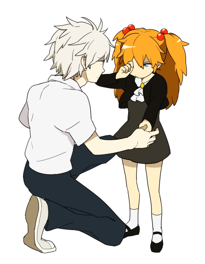 1boy, 1girl, blue_eyes, child, dress, long_hair, nagisa_kaworu, neon_genesis_evangelion, pout, red_eyes, regain, short_hair, soryu_asuka_langley, souryuu_asuka_langley, white_hair, wiping_eyes, young