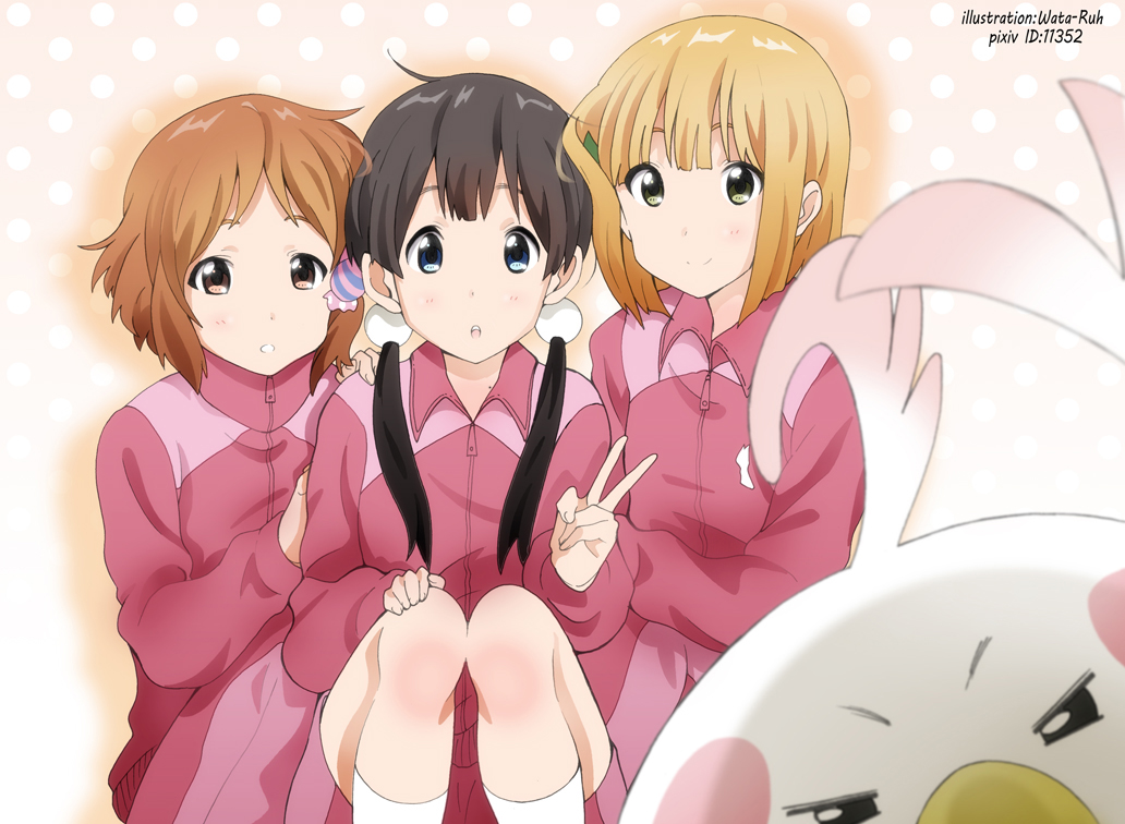 3girls, bird, black_hair, blonde_hair, brown_eyes, brown_hair, dera_mochi'mazzui, dera_mochi'mazzui