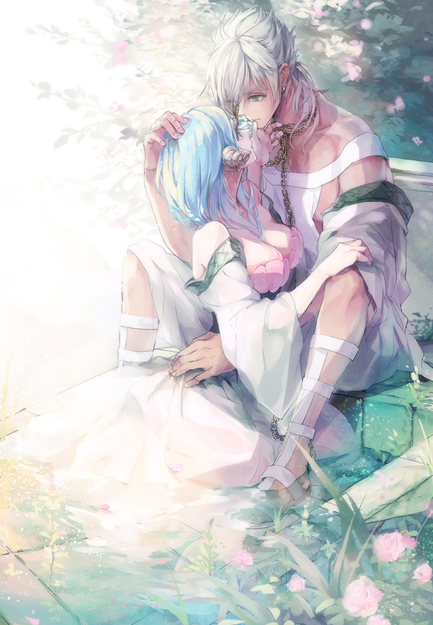 1boy, 1girl, aqua_hair, bare_shoulders, blue_eyes, chain, chains, couple