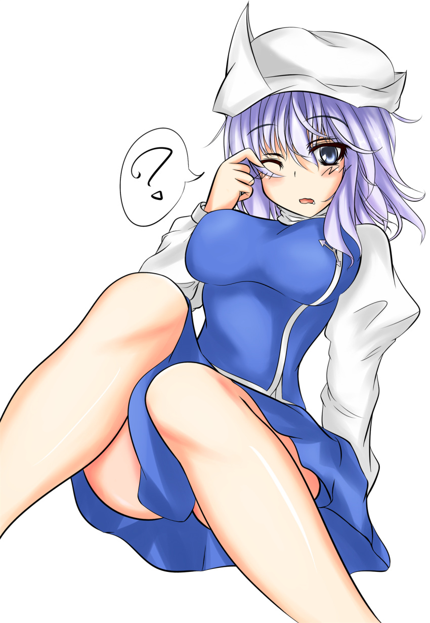 1girl, ;0, ?, blue_eyes, blush, breasts, hat, highres