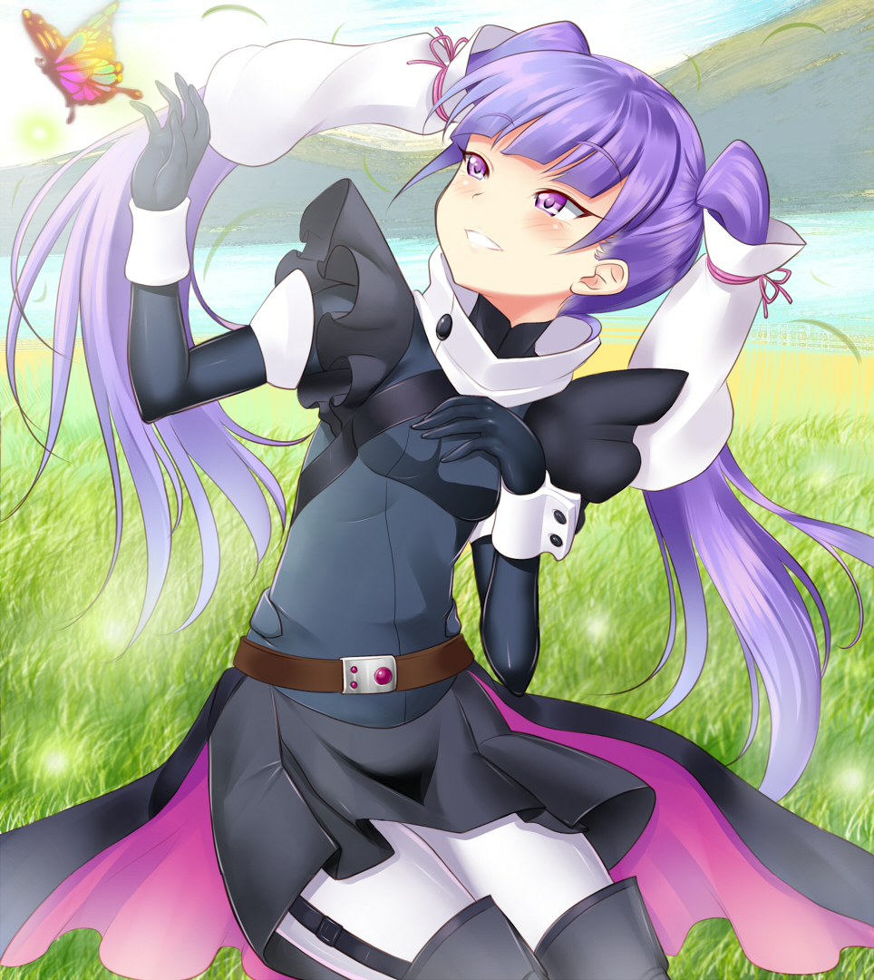 1girl, belt, boots, cape, dress, elbow_gloves, fram_nara, gloves