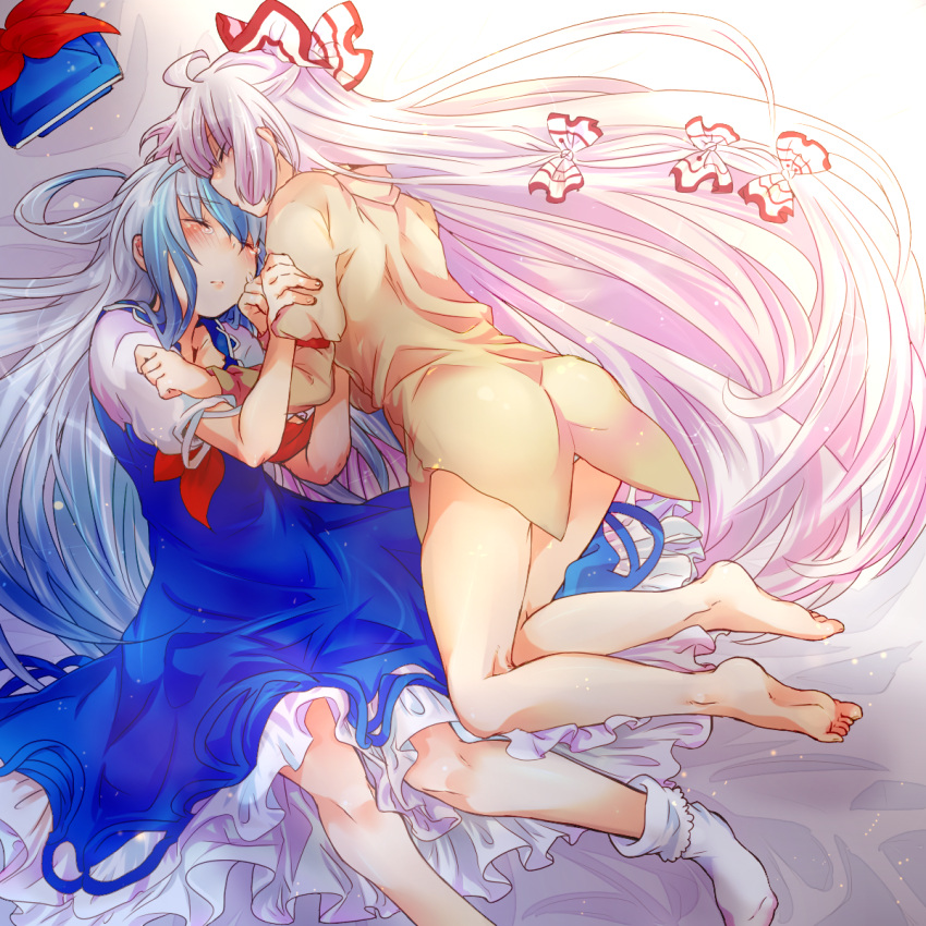 2girls, bare_legs, barefoot, blue_hair, blush, bobby_socks, bottomless, bow