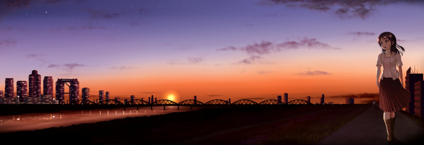city, cityscape, hair_ornament, hairclip, highres, jewelry, landscape, necklace, nonge, original, osaka_(city), river, scenery, scenic, skirt, sky, star_(sky), sunset