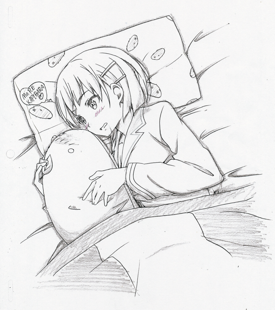 amage_kanade, bed, blush, capybara, capybara-san, hair_ornament, hairclip, kirigaya_suguha, leaf, monochrome, pajamas, pillow, sketch, solo, spot_color, stuffed_animal, stuffed_toy, sword_art_online, traditional_media