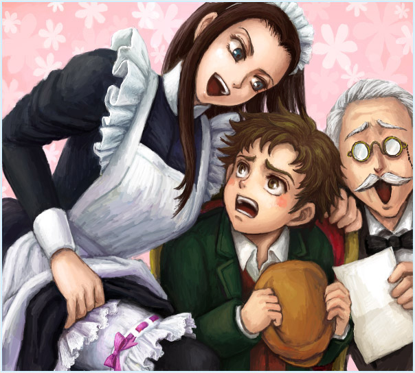 1girl, 2boys, adele_(emma), black_legwear, bloomers, blue_eyes, brown_eyes, brown_hair