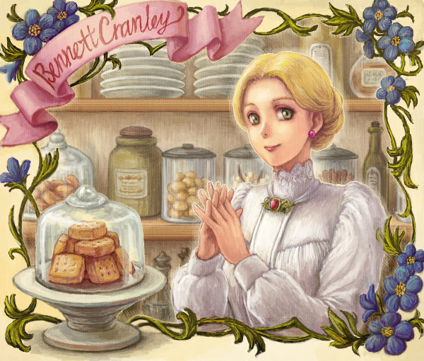 1girl, bennett_cranley, blonde_hair, braid, character_name, cookie, dome, ear_studs, earrings, flower, food, french_braid, green_eyes, hair_bun, hair_up, interlocked_fingers, jewelry, lips, lipstick, makeup, satou_toshio_(suisuisuisui), shirley, shirt, shop, short_hair, smile, solo