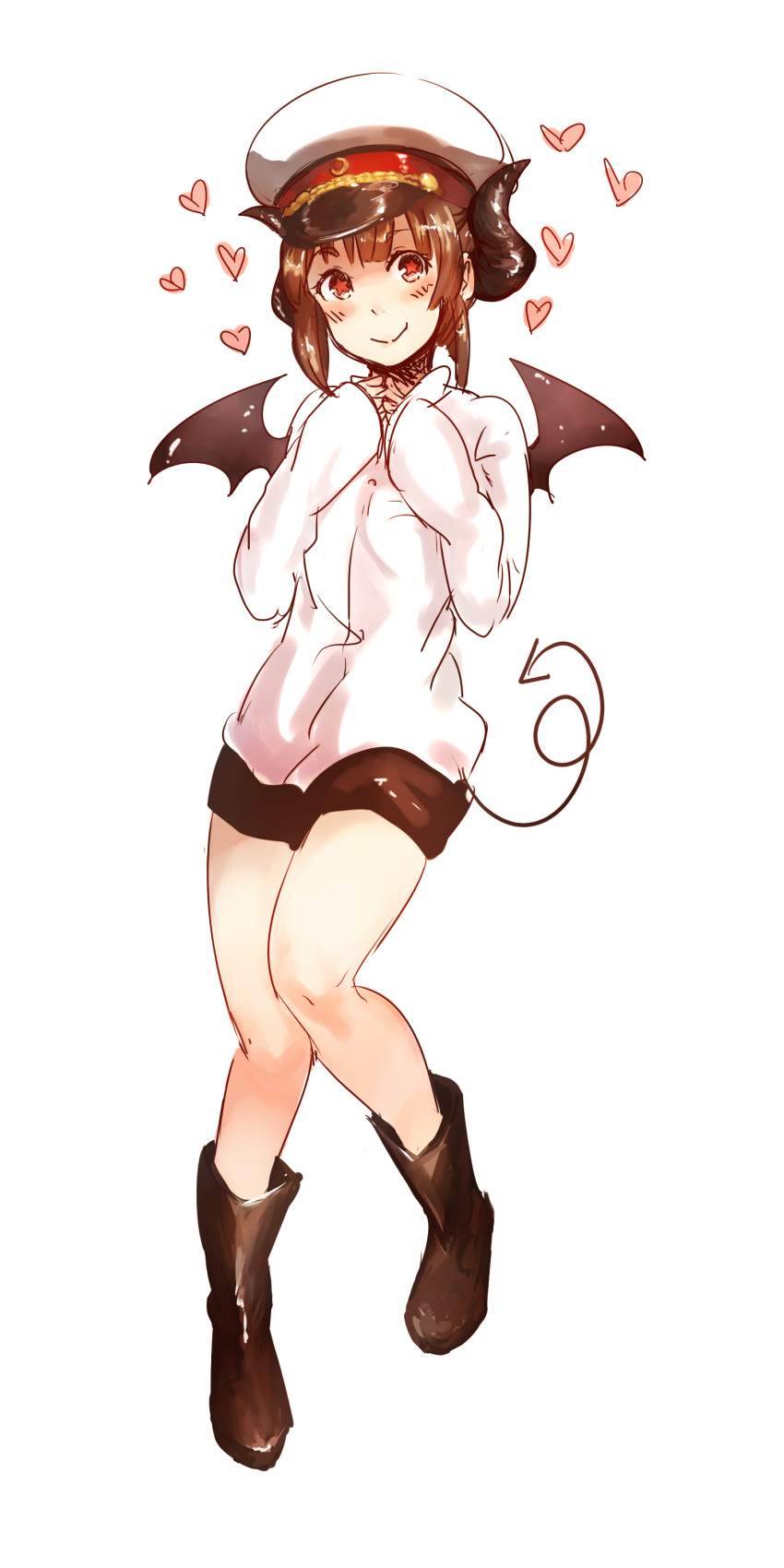 1girl, absurdres, anonymous_drawfag, bat_wings, blush, boots, brown_hair, demon_girl