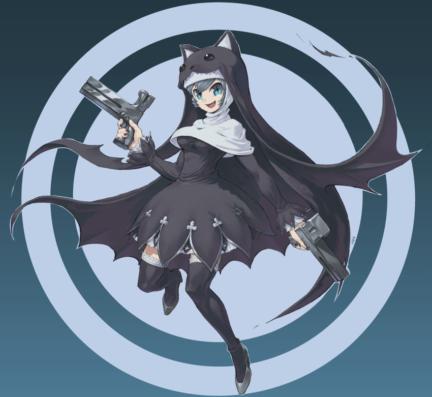 +_+, 1girl, animal_ears, animal_hood, bat_wings, black_eyes, black_legwear, blue_eyes, breasts, digimon, dress, fang, gun, habit, kazkazkaz, lipstick, makeup, nail_polish, nun, sharp_teeth, short_hair, sistermon_noir, smile, solo, thigh-highs, thighhighs, weapon, wings