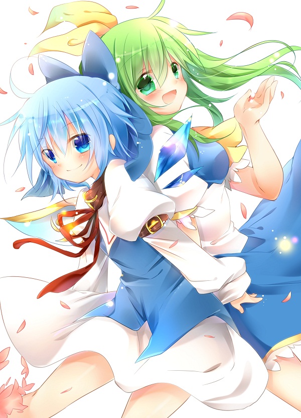 2girls, adapted_costume, ahoge, arm_belt, arm_up, armband, back-to-back, blue_eyes