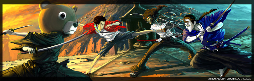 4boys, absurdres, afro_samurai, afro_samurai_(character), crossover, daldbaatar, dual_wielding, highres