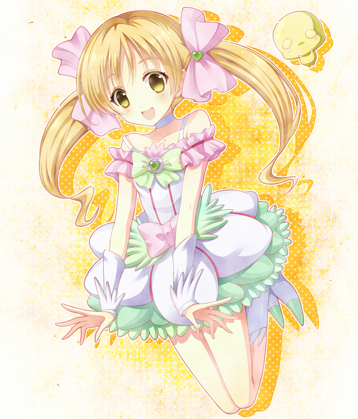 1girl, blonde_hair, boots, bow, choker, cure_echo, frills, fuu-chan_(precure)