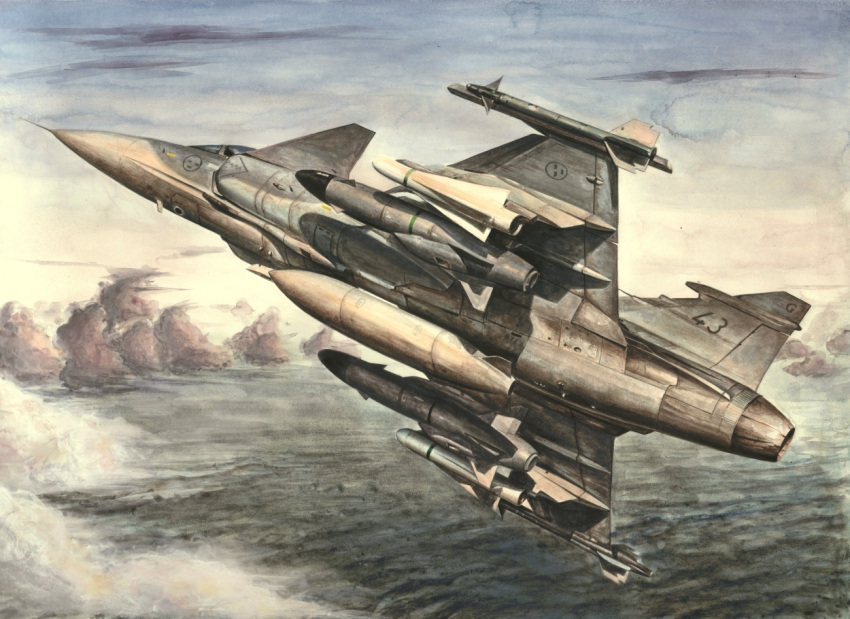 airplane, bomb, cloud, clouds, fighter_jet, flying, jet, missile, original, pilot, saab_gripen, sato_(z33-000308), solo, traditional_media, water