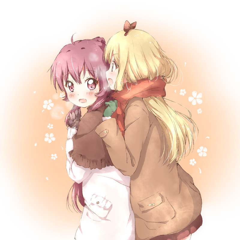 1:1, 2girls, ahoge, blonde_hair, blue_eyes, blush, bow, breath