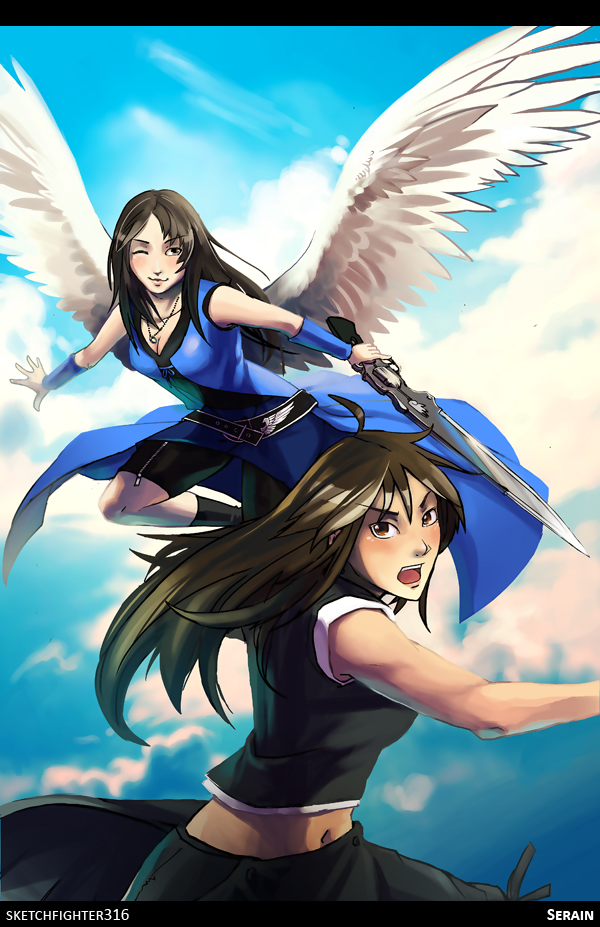 2girls, angel_wings, artist_name, bare_shoulders, belt, black_hair, brown_hair, cloud