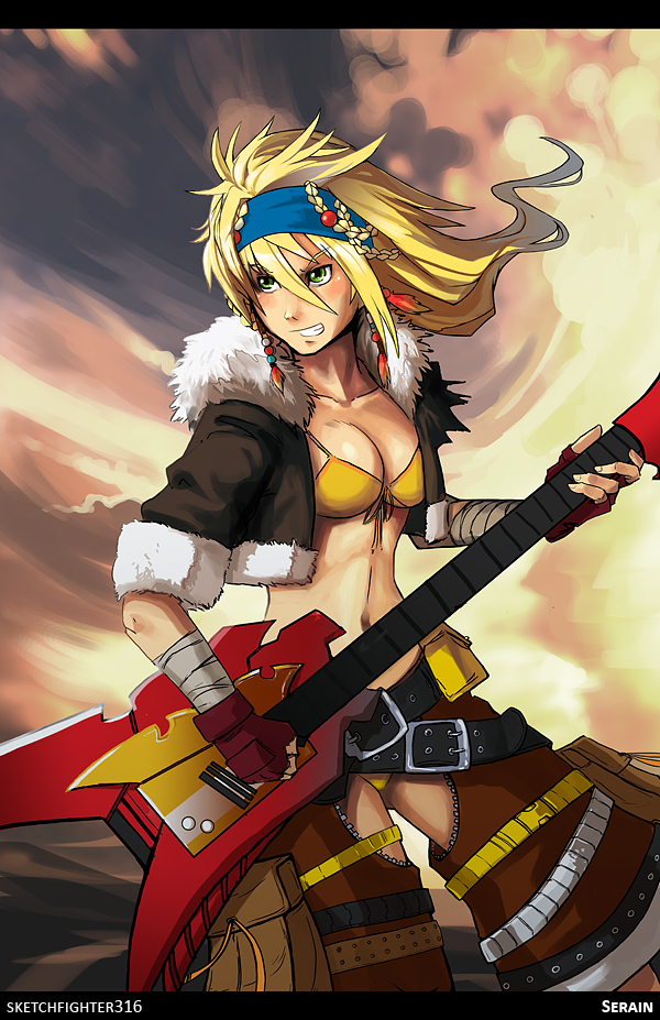 1girl, artist_name, bikini, blonde_hair, braid, clenched_teeth, coat, dead_fantasy