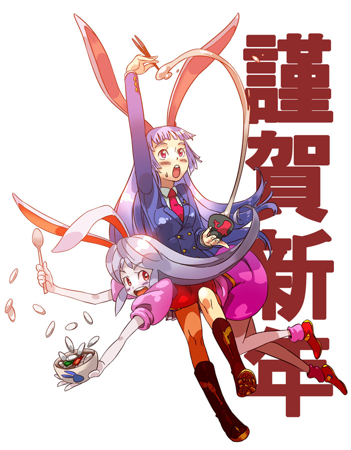 2girls, animal_ears, boots, bunny_ears, chopsticks, cream_(eto_ranger), crossover, food
