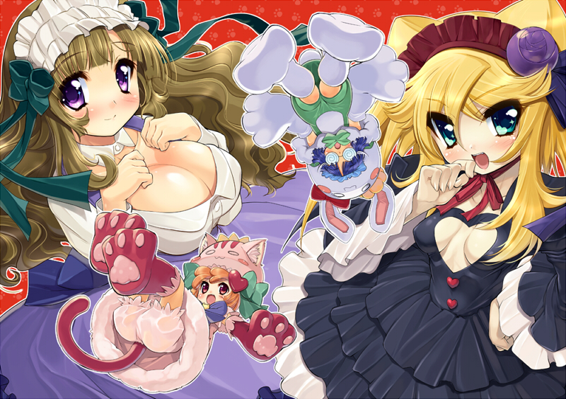 animal_ears, animal_hat, anyamal_tantei_kirumin_zoo, anymal_tantei_kiruminzoo, blonde_hair, blue_hair, blush, breasts