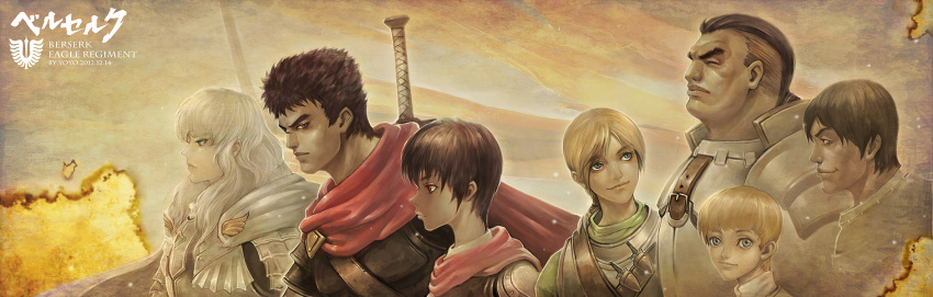 1girl, 6+boys, armor, berserk, black_hair, blonde_hair, cape, casca