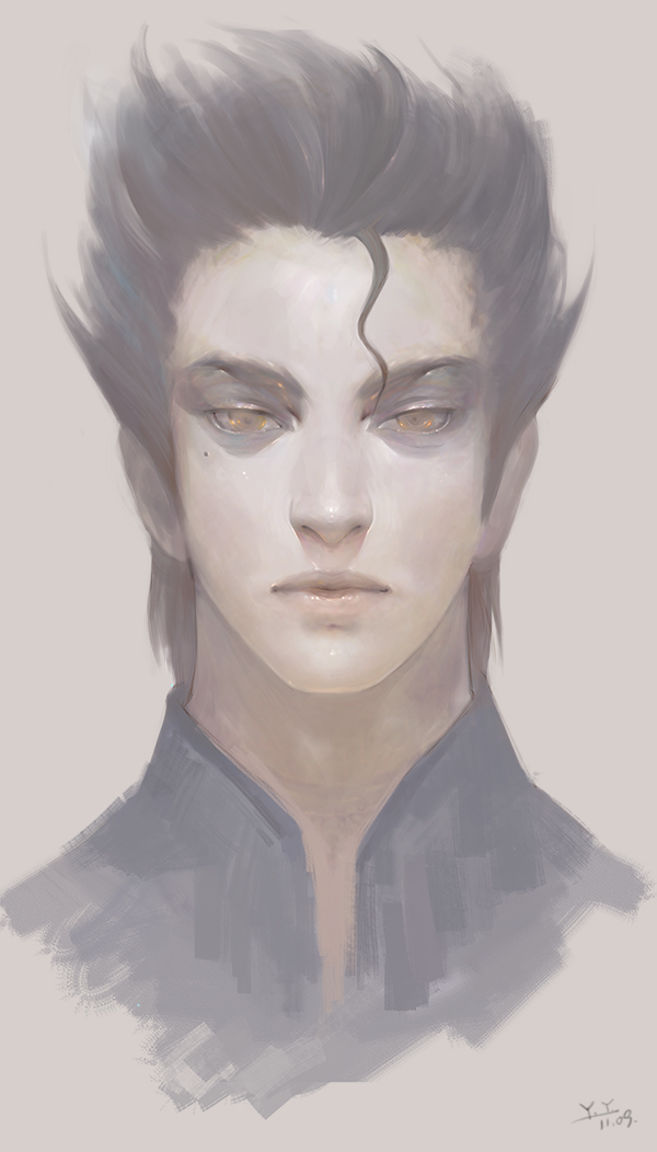 1boy, ahoge, black_hair, fate/zero, fate_(series), lancer_(fate/zero), mole, portrait, realistic, solo, yellow_eyes, yy870128