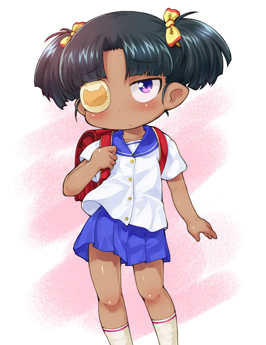 backpack, bag, black_hair, blush, bow, dark_skin, eyepatch, hair_bow