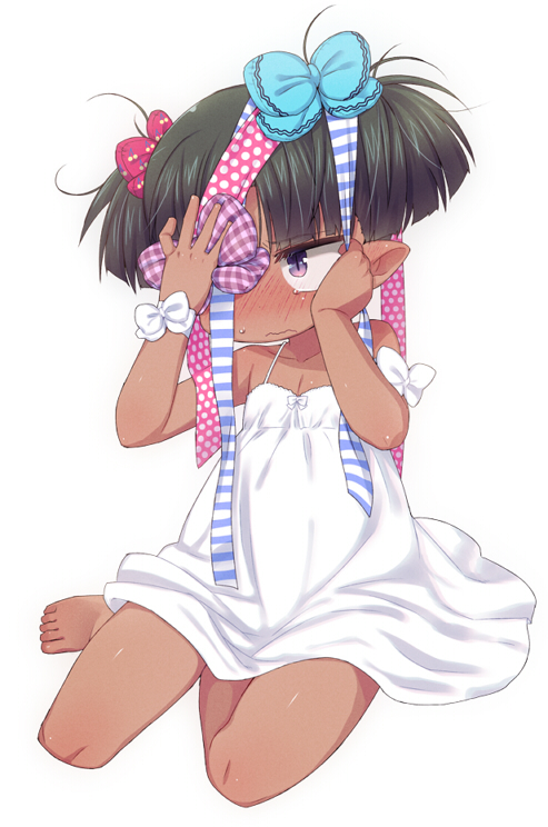 12_sai, bare_shoulders, barefoot, black_hair, blush, bow, chemise, child