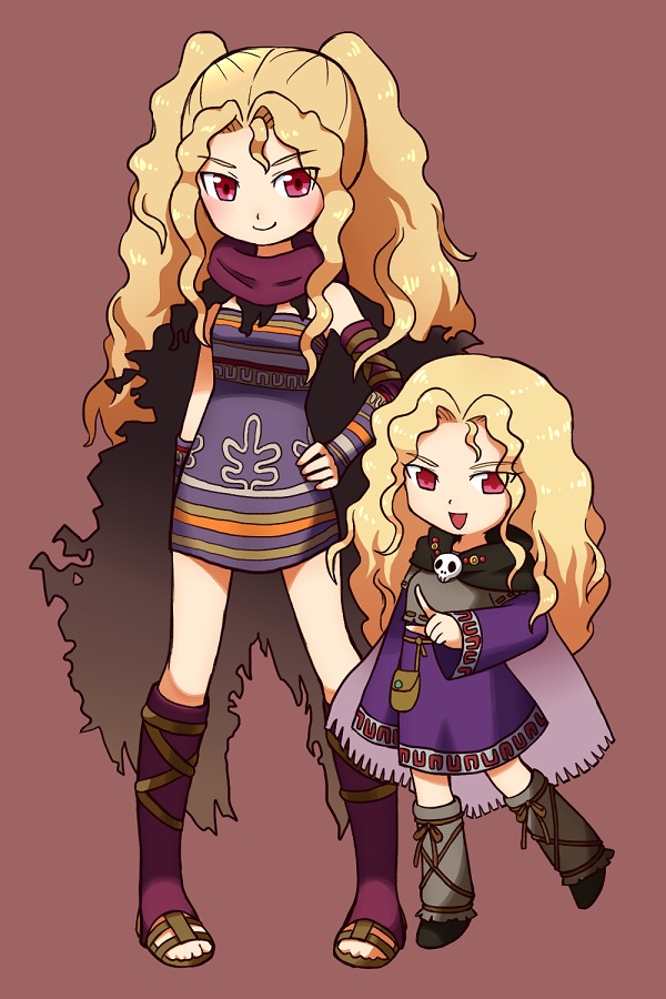 age_difference, blonde_hair, boots, cape, dadadanoda, dual_persona, hand_on_hip, harvest_moon:_a_new_beginning, red_eyes, two_side_up, wavy_hair, witch_princess_(harvest_moon)