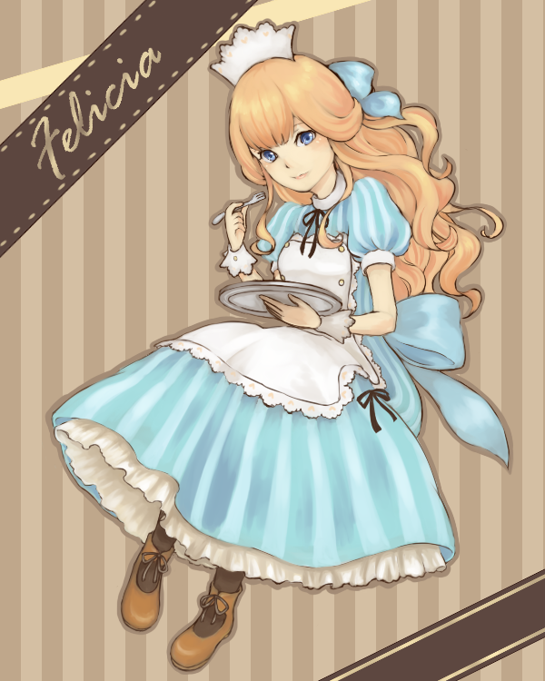 apron, blonde_hair, blue_eyes, boots, bow, dress, felicia_(harvest_moon), fork, hair_bow, harvest_moon:_a_new_beginning, ioriori, long_hair, maid_headdress, plate, solo, vertical_stripes, wrist_cuffs