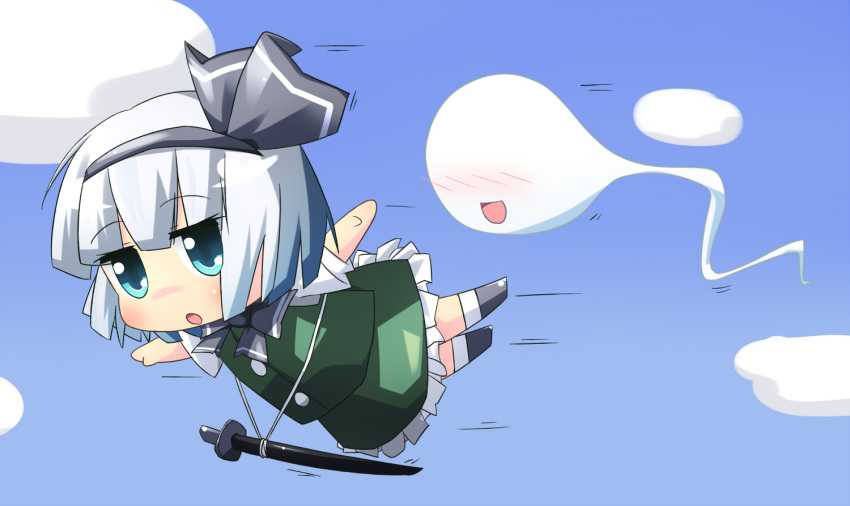 1b, 1girl, bad_id, blue_eyes, blush, chibi, cloud, clouds