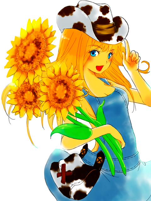 bag, blonde_hair, blue_eyes, breasts, cleavage, cow_print, cowboy_hat, flower
