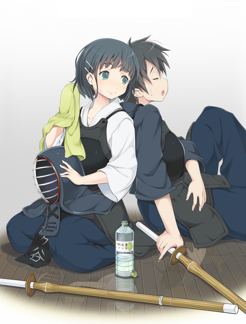 1boy, 1girl, black_hair, blue_eyes, bottle, bougu, closed_eyes, furumiya_haiji